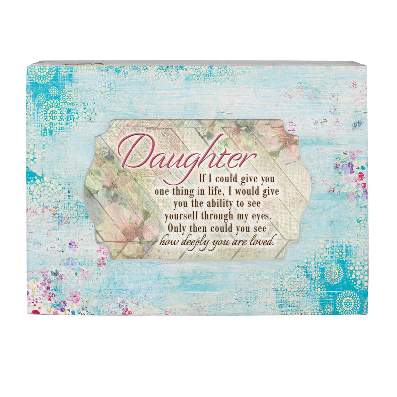 Top down view of Daughter You Are Loved Aqua Medallion Decoupage Music Box