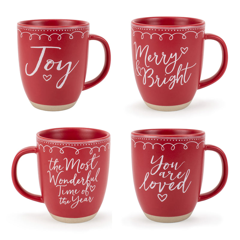 Elanze Designs Assorted Raw Clay Bottom Red 13 ounce Ceramic Christmas Coffee Mugs Set of 4