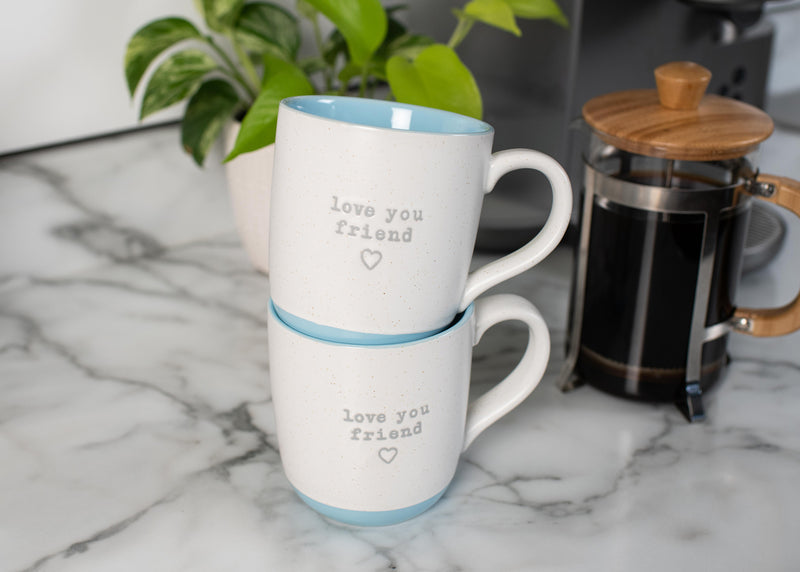 Elanze Designs Love You Friend Speckled Blue 13 ounce Ceramic Coffee Mugs Set of 2