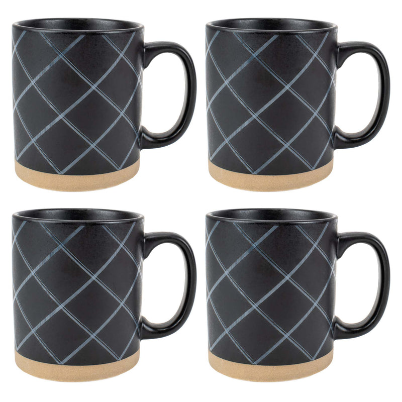 Elanze Designs Modern Plaid Raw Clay Bottom Black 13 ounce Ceramic Coffee Mugs Set of 4