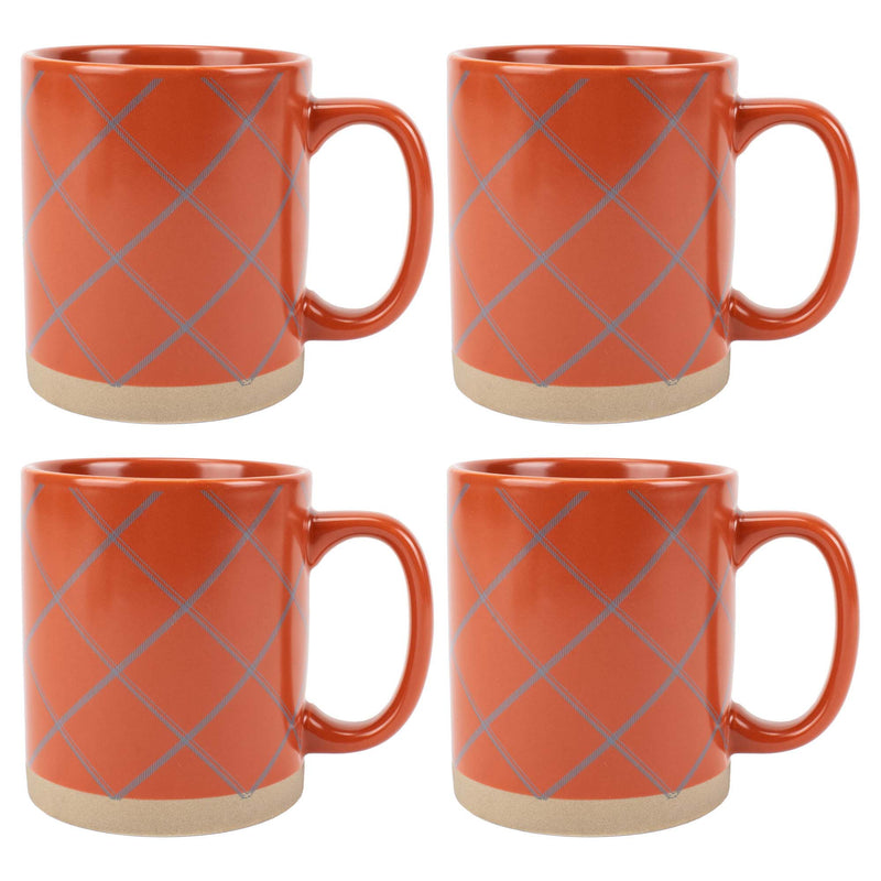 Elanze Designs Modern Plaid Raw Clay Bottom Orange 13 ounce Ceramic Coffee Mugs Set of 4