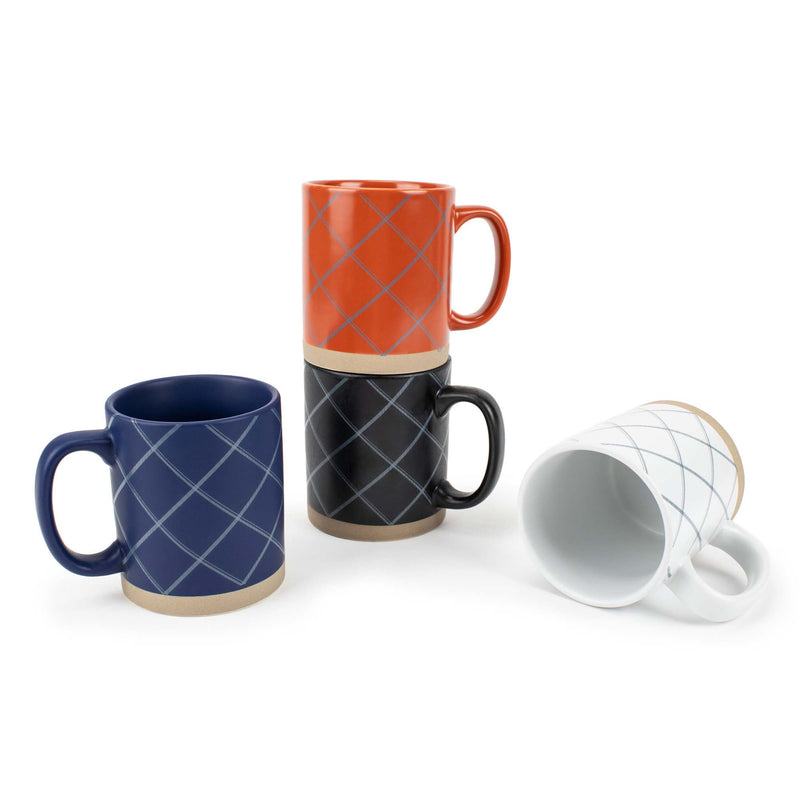 Elanze Designs Modern Plaid Raw Clay Bottom Colorful 13 ounce Ceramic Coffee Mugs Set of 4
