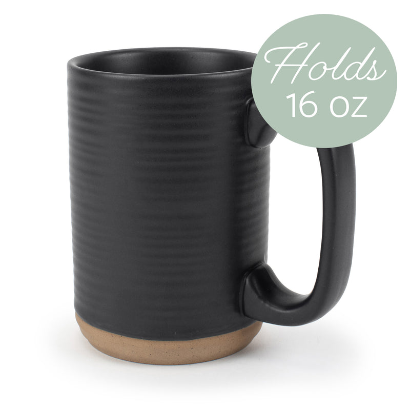 Elanze Designs Tall Ribbed Raw Clay Bottom Black 16 ounce Ceramic Coffee Mugs Set of 4
