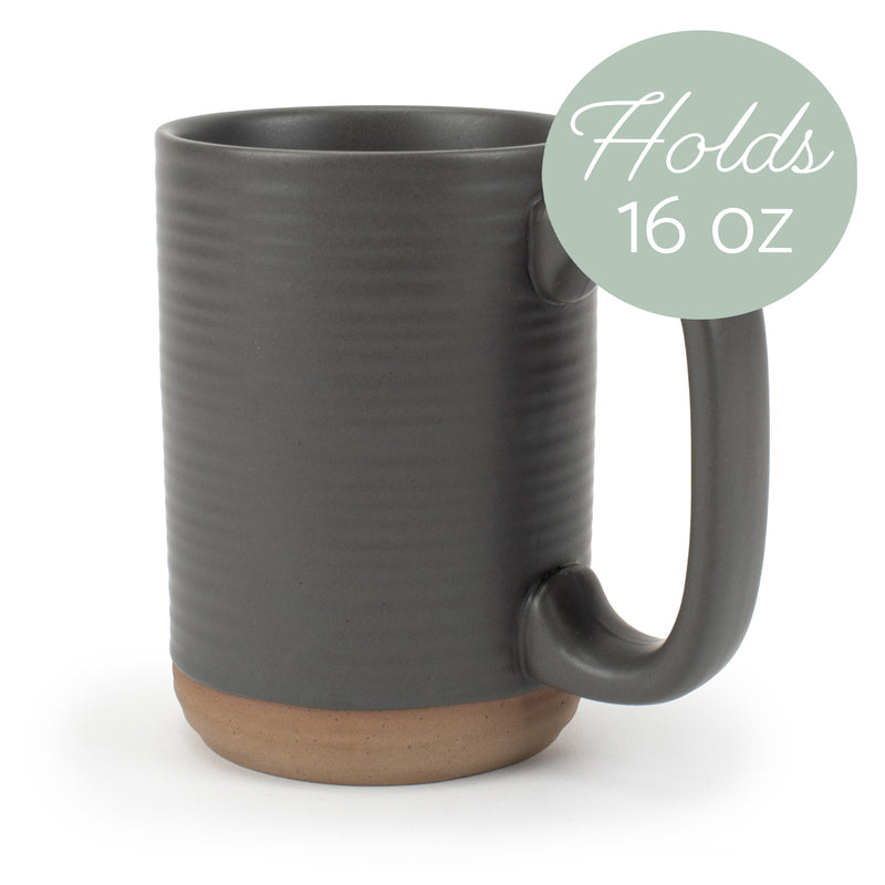 Elanze Designs Tall Ribbed Raw Clay Bottom Grey 16 ounce Ceramic Coffee Mugs Set of 4