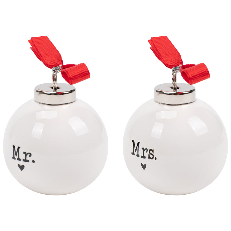 Elanze Designs Mr and Mrs White 3 inch Ceramic Christmas Ball Ornaments 2 Piece Boxed Set