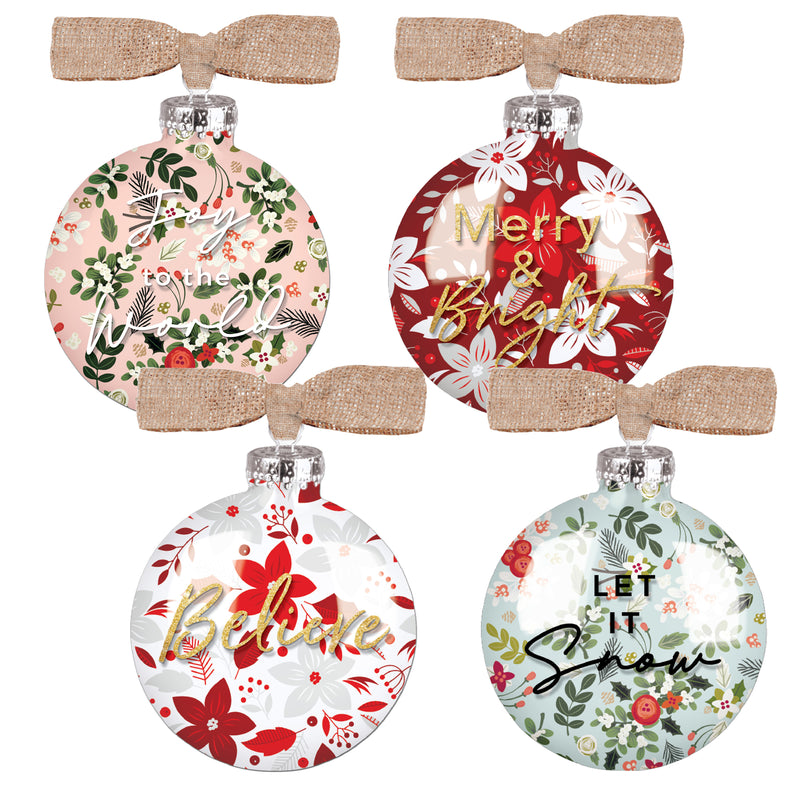 Elanze Designs Holiday Floral 4 inch Glass Round Disc Christmas Ornament Boxed Set of 4