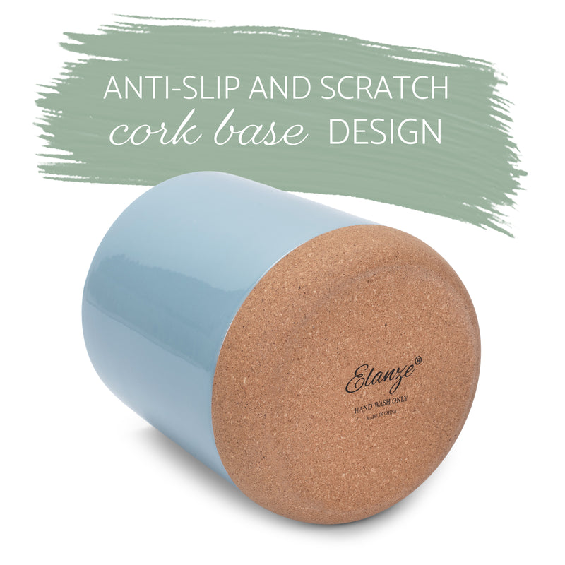 Glossy X-Large Ceramic Stoneware Cork Bottom Kitchen Utensil Holder, Sky Blue