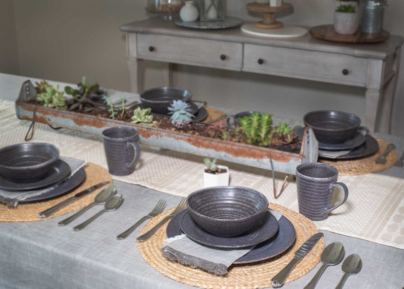 Modern Chic Ribbed Ceramic Stoneware Dinnerware Bowls Set of 4 - Charcoal Grey