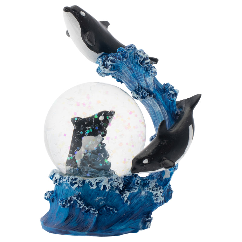 Front view of Tidal Wave Orca Pod Figurine Glitter Snow Globe