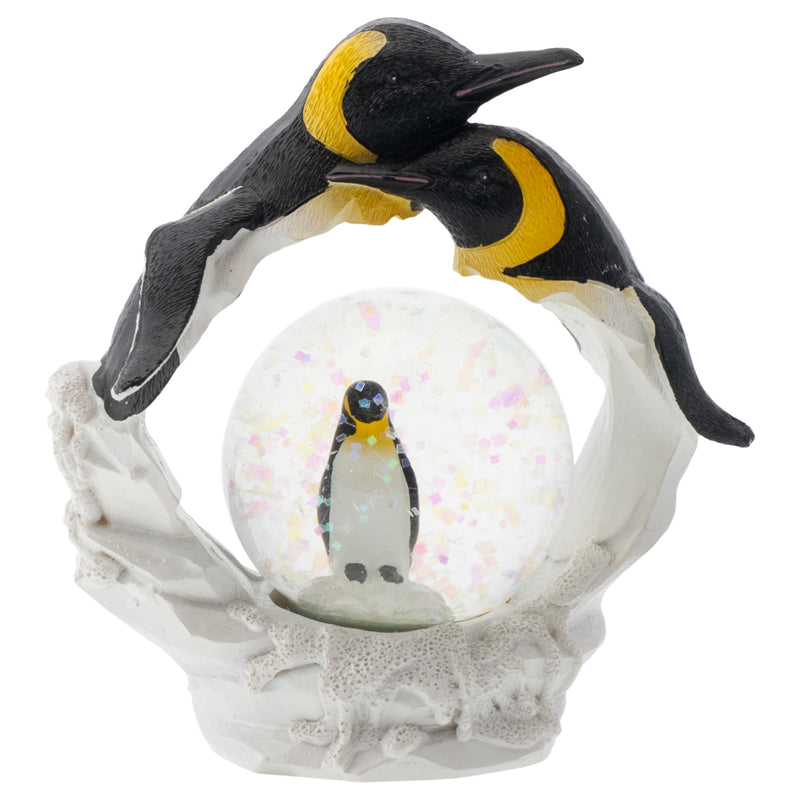 Front view of Yellow Neck Penguin Family Figurine Glitter Snow Globe