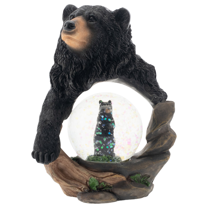 Front view of Protective Black Bear and Cub Figurine Glitter Snow Globe