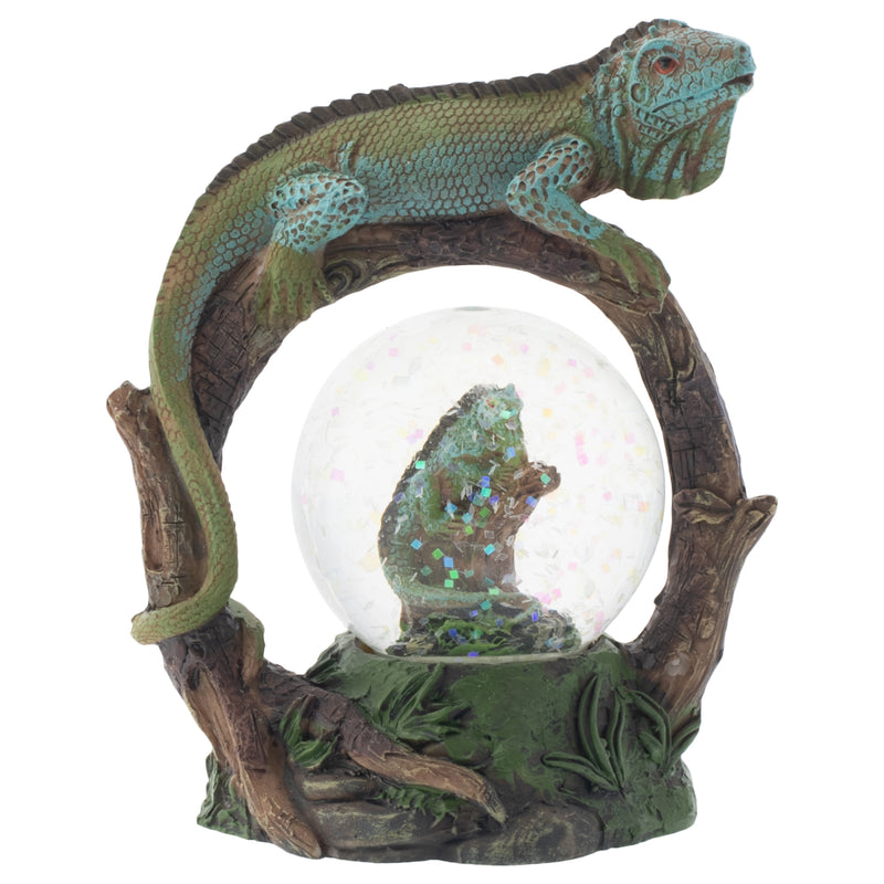 Front view of Green and Blue Scaled Iguana Figurine Glitter Snow Globe