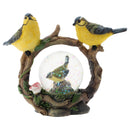 Front view of Black Mask Yellow Birds Figurine Glitter Snow Globe