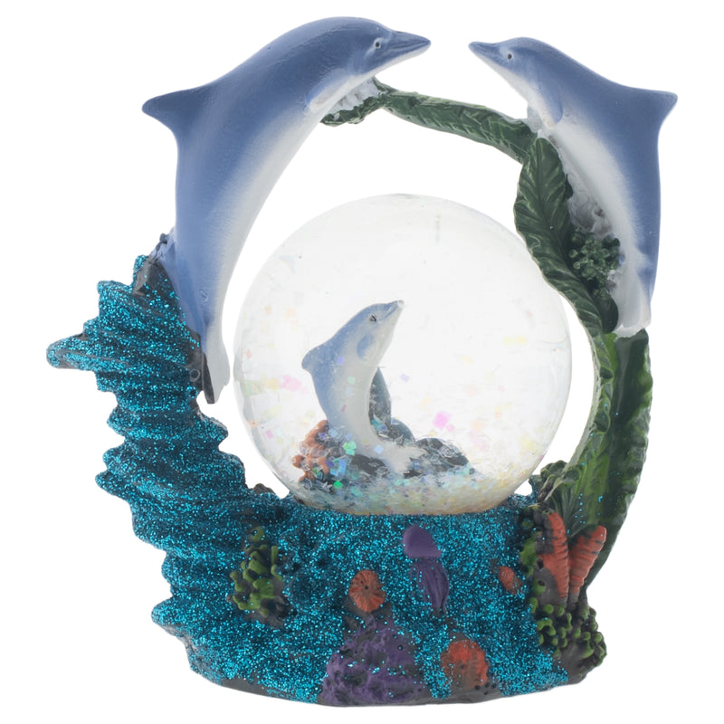 Front view of Swimming Dolphin Family Figurine Glitter Snow Globe
