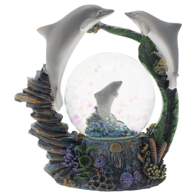 Front view of Coral Reef Dolphin Family Figurine Glitter Snow Globe