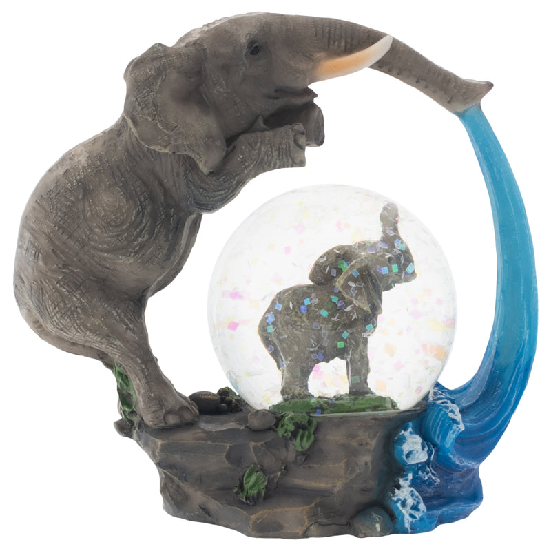 Front view of Elephant Bath time Fun Figurine Glitter Snow Globe