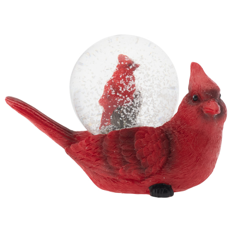 Front view of Mommy Red Cardinal and Baby Figurine Glitter Snow Globe