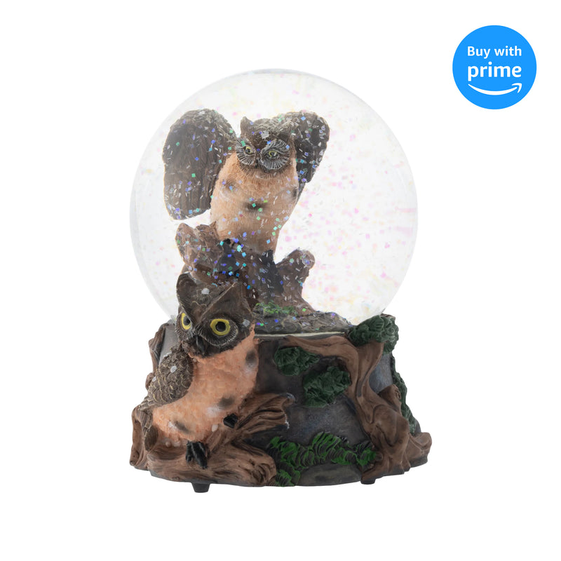 Front view of Red Bellied Eagle Owls Musical Snow Globe
