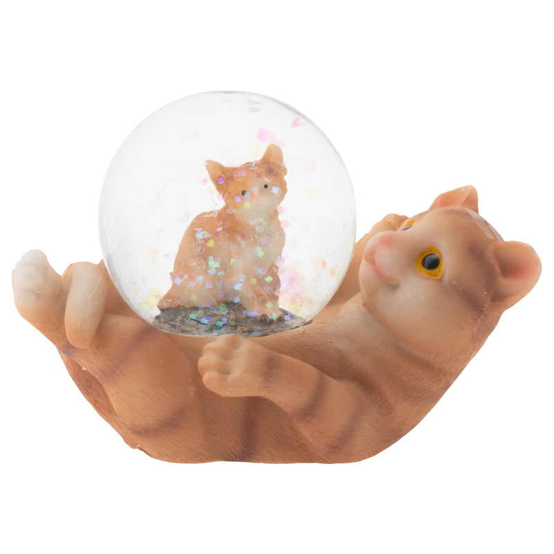 Front view of Striped Tabby Cat and Kitten Figurine Glitter Snow Globe