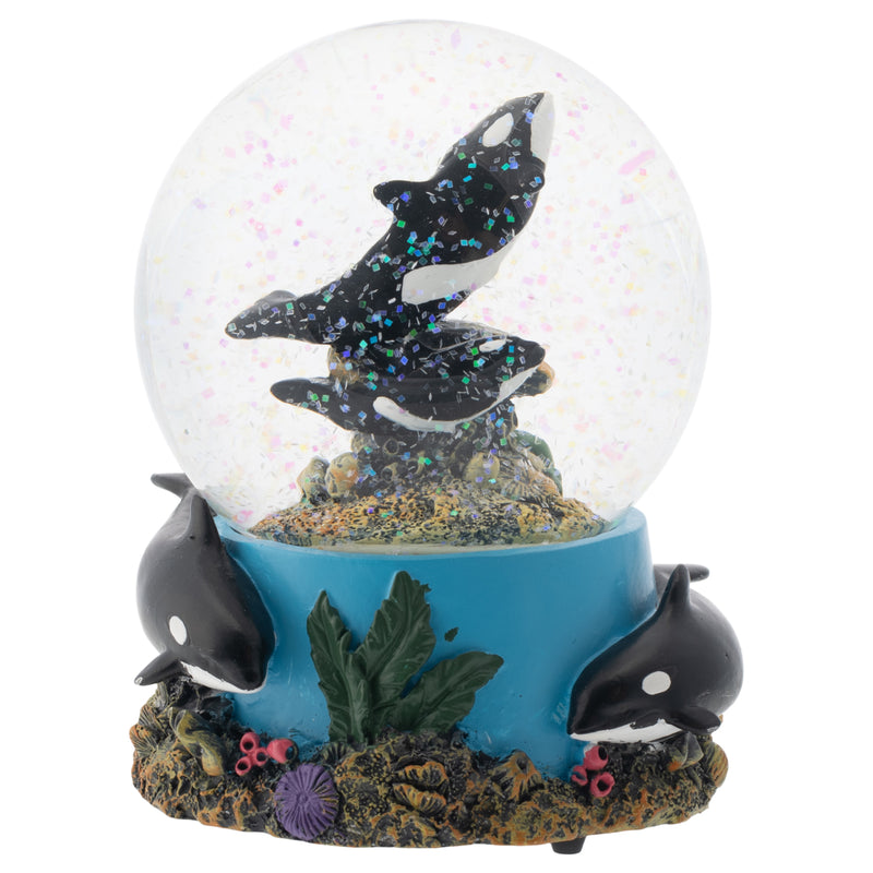 Front view of Coral Reef Orca Pod Musical Snow Globe