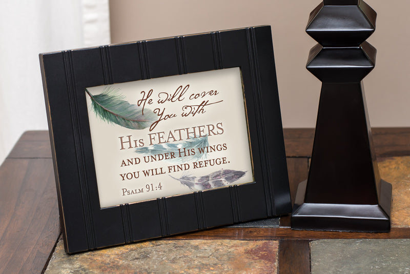 Front view of You Will Find Refuge Psalm 91:4 Feather Black Framed Art Wall Plaque Sign