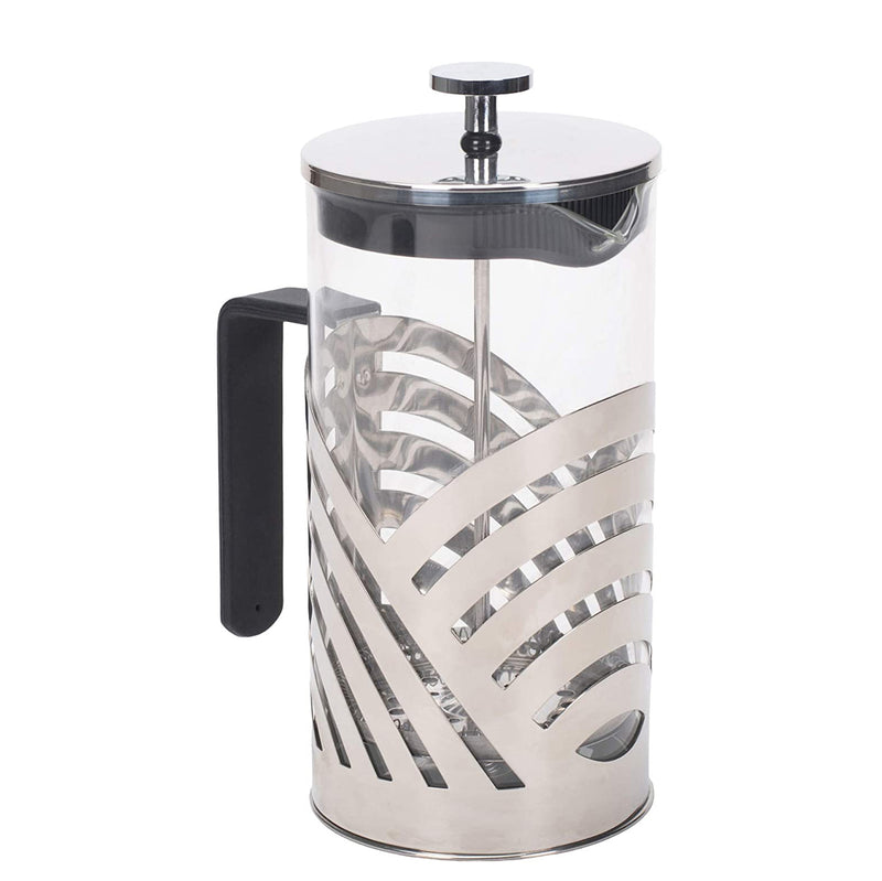 Front view of Chrome 1 Liter Large Glass and Stainless Steel French Press Coffee and Loose Leaf Tea Maker