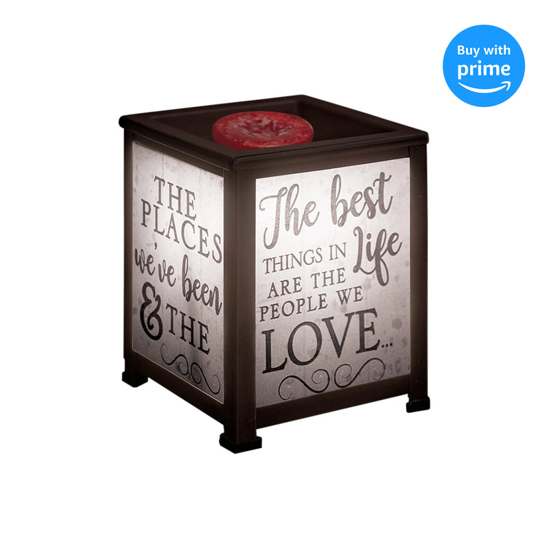 Front view of "The best things in life are the people we love, the places we've been and the‚Ä¶" Black Glass Lantern Warmer