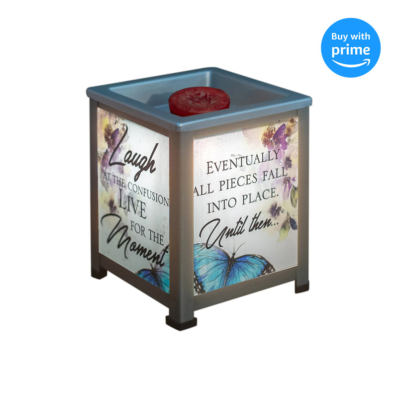 Front view of Laugh Live Moment Silver Tone Glass Lantern Warmer