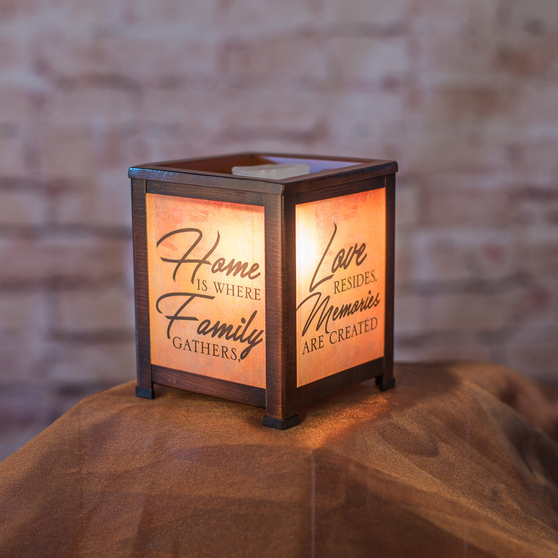 Front view of Home Family Love Copper Tone Glass Lantern Warmer