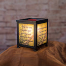 Front view of Love Laughter Friends Black Glass Lantern Warmer