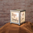Front view of Hope Family Faith Silver Tone Glass Lantern Warmer