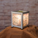 Front view of Christ Center of Home Silver Tone Glass Lantern Warmer