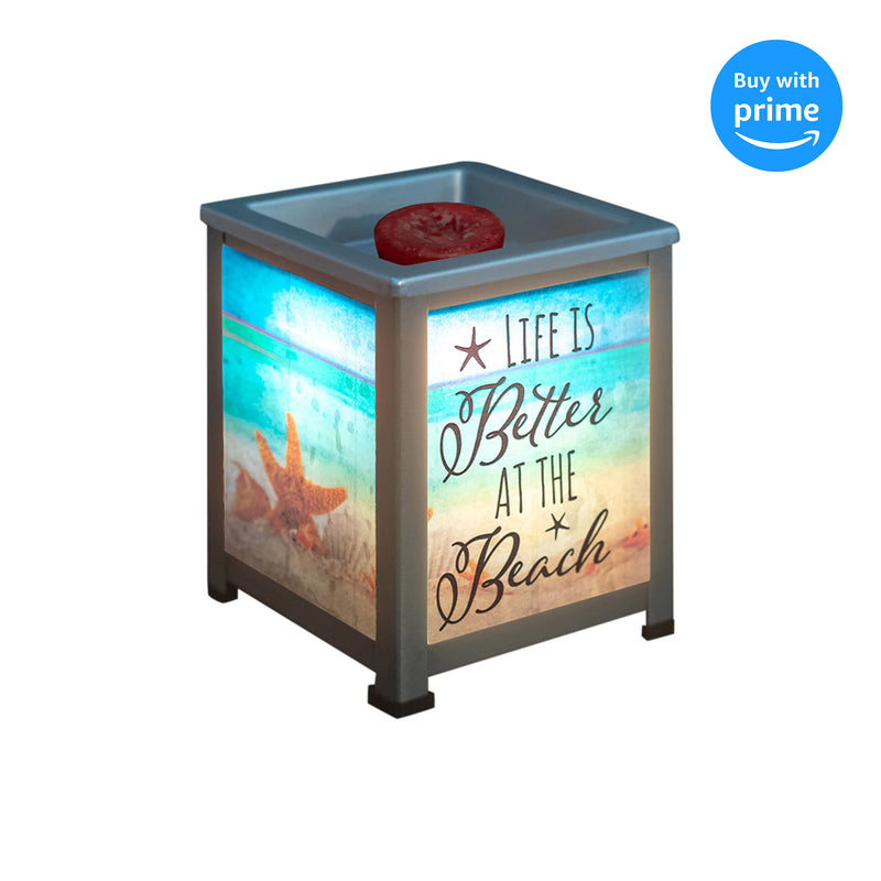 Front view of Life is Better at Beach Seashore Silvertone Glass Lantern Warmer