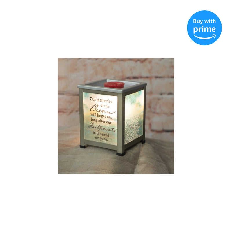 Front view of Memories of Ocean Linger Coral Silvertone Glass Lantern Warmer