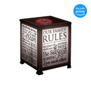 Front view of Family Rules Love Each Other Dream Big Black Glass Lantern Warmer