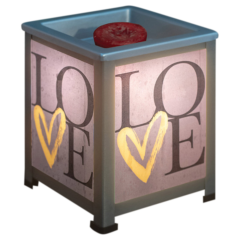 Front view of Love Brushstroke Heart Wood Look Silvertone Glass Lantern Warmer