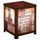 Front view of Love Most About House Share It Copper Tone Glass Lantern Warmer