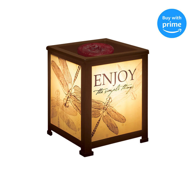 Front view of Enjoy Simple Things Dragonfly Copper Tone Glass Lantern Warmer