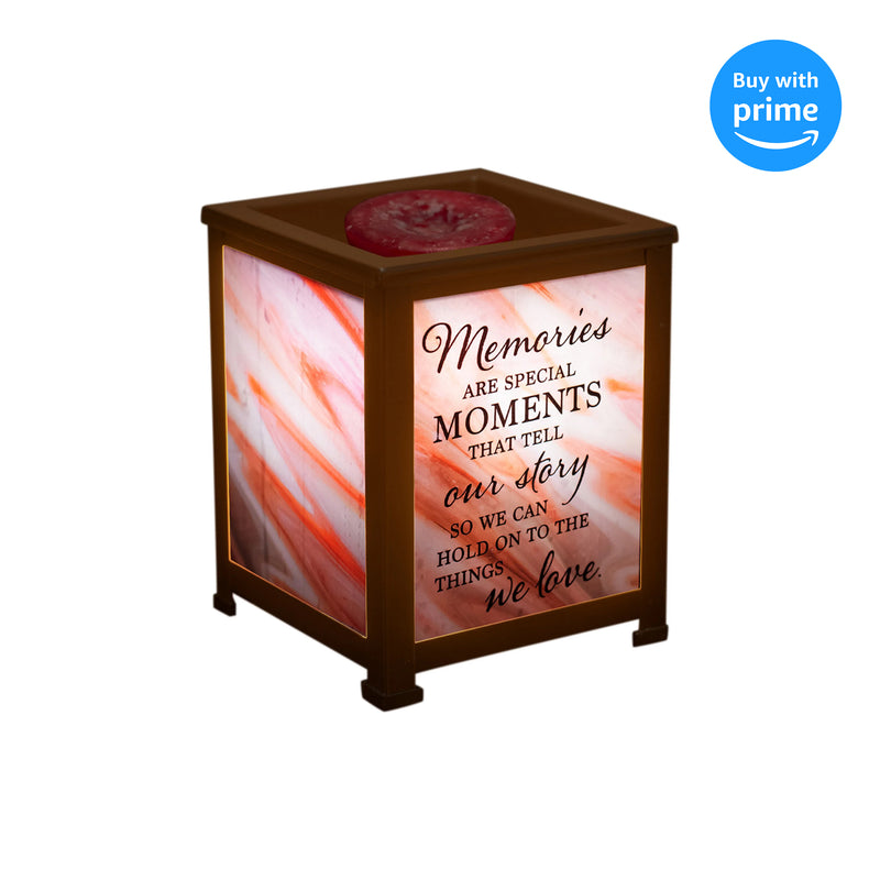 Front view of Memories Moments Our Story We Love Copper Tone Glass Lantern Warmer