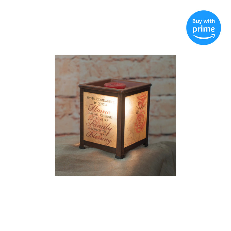 Front view of Home Love Family Blessing Roses Copper Tone Glass Lantern Warmer