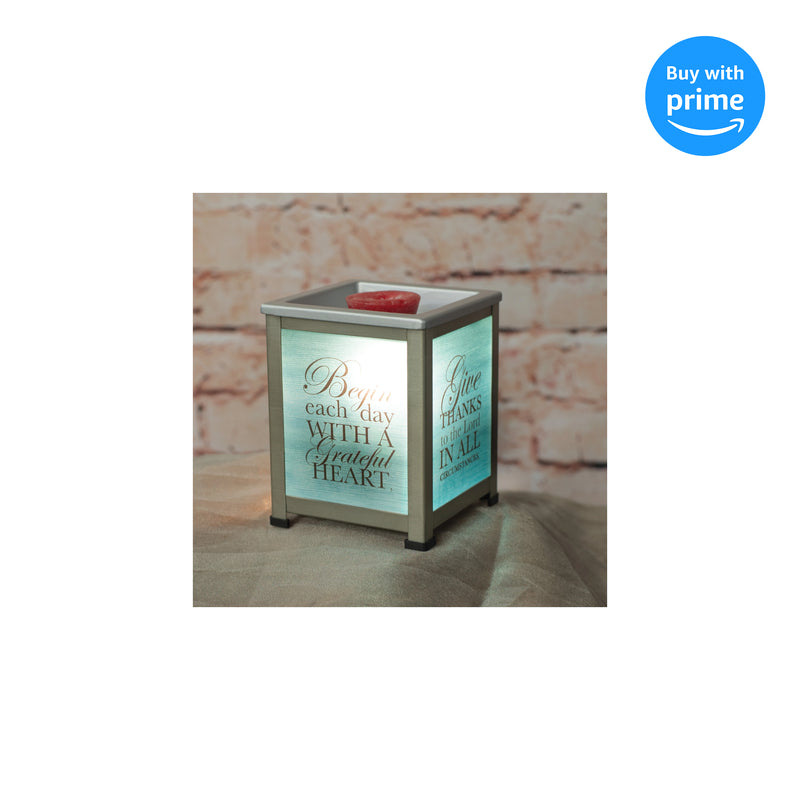 Front view of Begin Day with Grateful Heart Teal Silvertone Glass Lantern Warmer