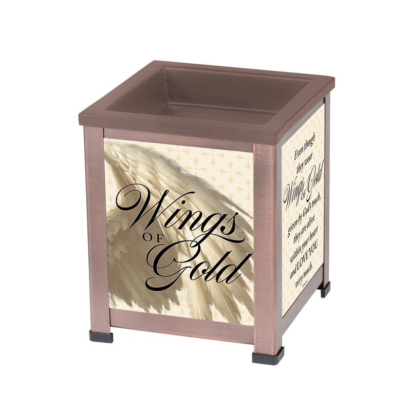 Front view of Wings of Gold in Memory Poem Copper Tone Glass Warmer