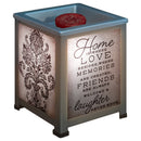 Front view of Home is Where Love Resides Silvertone Glass Lantern Warmer