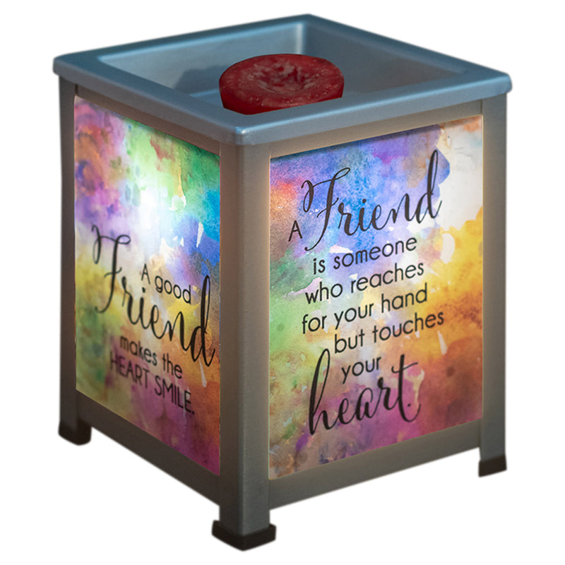 Front view of A Friend Touches Your Heart Silvertone Glass Lantern Warmer