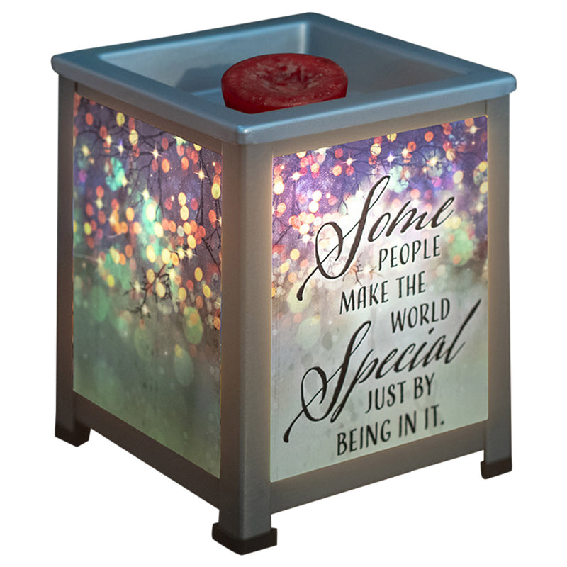 Front view of Some People Make The World Special Silvertone Glass Lantern Warmer
