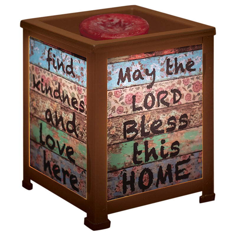 Front view of The Lord Bless This Home Inspirational Copper Glass Lantern Warmer