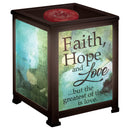 Front view of Faith Hope Love Inspirational Black Glass Lantern Warmer