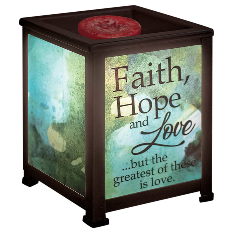 Front view of Faith Hope Love Inspirational Black Glass Lantern Warmer