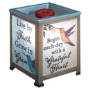 Front view of Live by Faith Grow in Grace Inspirational Silvertone Glass Lantern Warmer