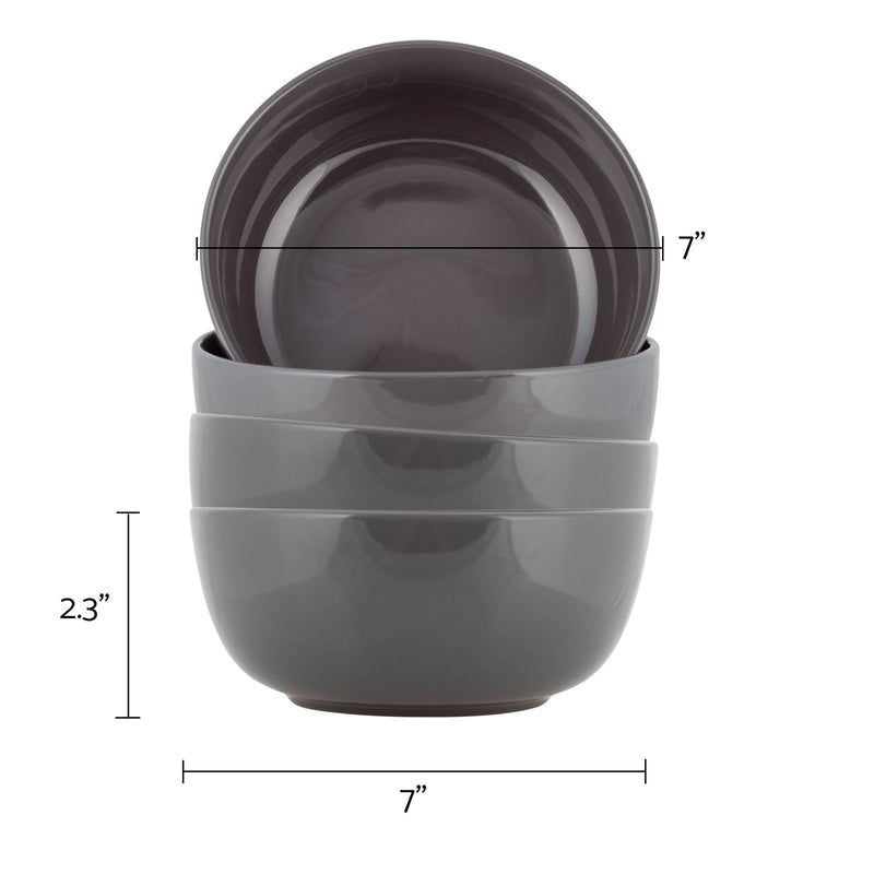 Elanze Designs Bistro Ceramic 7 inch Cereal Salad Bowls Set of 4, Charcoal Grey